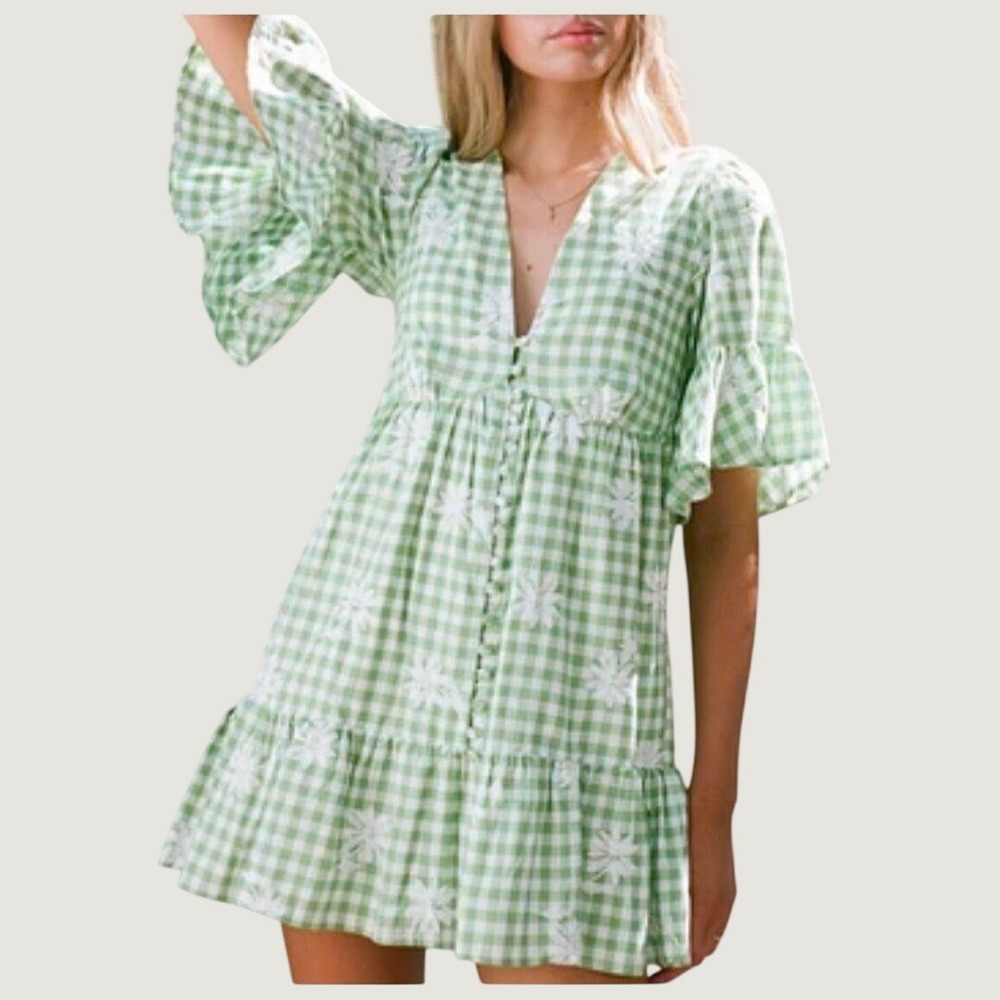 Gingham Daisy Babydoll Dress Womens Med Mini Green Sabo Twyla Cottage Coquette